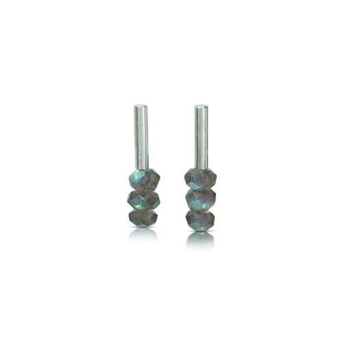 Sterling silver vertical tube earrings with post backs and faceted labradorite beads with a 24k yellow gold rivet at the base.