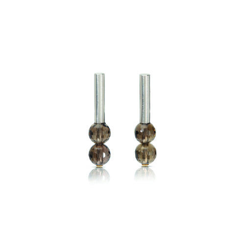 Sterling silver vertical tube earrings with round cose-cut smokey quartz beads and a 24k yellow gold rivet at the base.