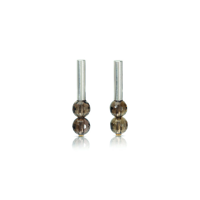 Sterling silver vertical tube earrings with round cose-cut smokey quartz beads and a 24k yellow gold rivet at the base.