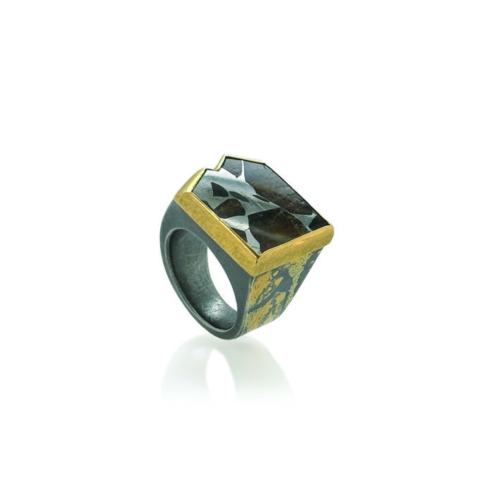 Sliced meteorite (Esquel) set in 22k and 24k yellow gold. Ring is 3/4" wide (20mm) and is a size 10.