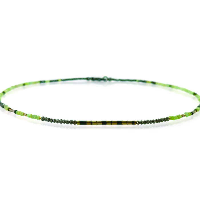 Green, grey and brown diamond necklace, 13.58cttw, with oxidized sterling silver, 24K gold, 18k gold beads, length 16.9 inches.