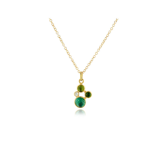 Three blue/green tourmalines, approximately 1.75 cttw, and a round diamond, .025 cts, in a "confetti" cluster with 18k yellow gold and 14k yellow gold behind stones. Pendant is on a 18'' long, 18k yellow gold chain and ranges from 5/8" -3/4" x 3/8" (16-19 x 10 mm) in size.