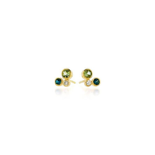 Blue and green Australian sapphire studs, .50 cttw, with one diamond, 0.05 cttw, in a "confetti" cluster, set in 18k yellow gold with post backs. Earrings are 1/4 " long x 3/16" wide (7 x 5 mm).