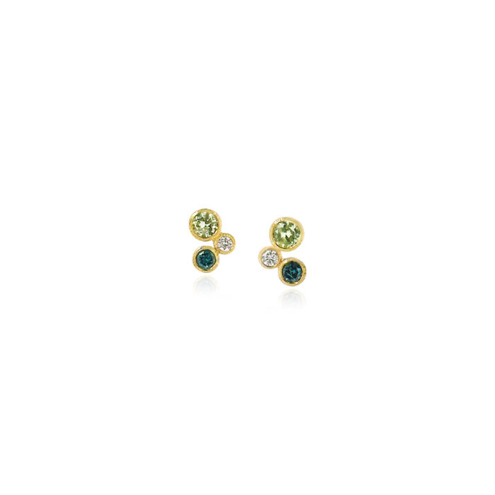 Blue and green Australian sapphire studs, .50 cttw, with one diamond, 0.05 cttw, in a "confetti" cluster, set in 18k yellow gold with post backs. Earrings are 1/4 " long x 3/16" wide (7 x 5 mm).