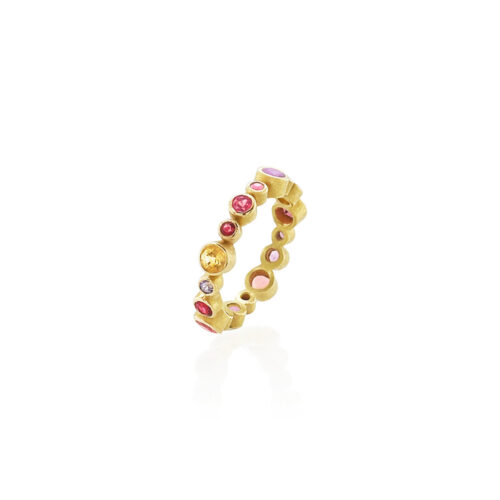 18k yellow gold ring with multi-color (pink and purple) sapphires, 1.75 cttw, and rubies, 0.06 cttw. Sapphires range in size from 1.9-3.75 mm and ring is a size 6.5. 