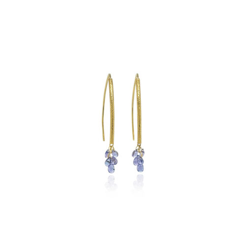 Navette earrings in 18k yellow gold with 10 Tanzanite briolette drops, 1.57cttw. Earrings are 1 1/2" long.