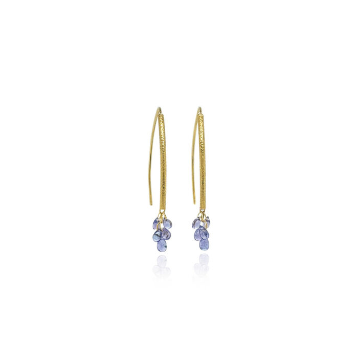 Navette earrings in 18k yellow gold with 10 Tanzanite briolette drops, 1.57cttw. Earrings are 1 1/2" long.