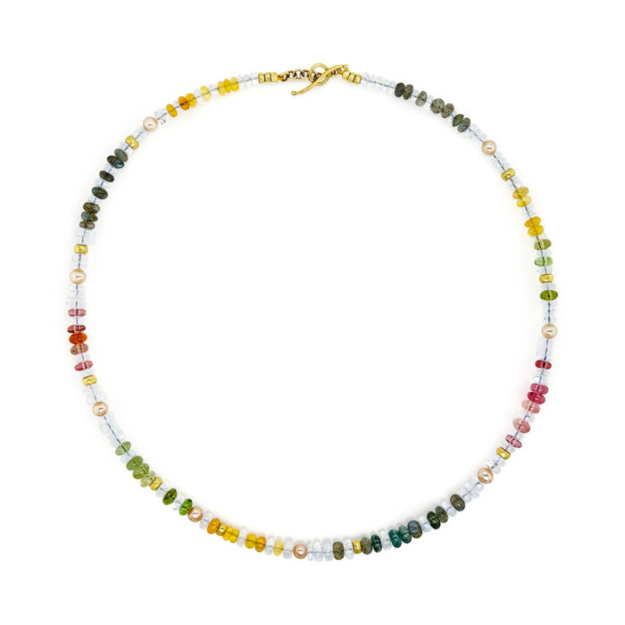 Mixed rondel beaded necklace with moonstone, Ethiopian opal, labradorite, tourmaline, 66.66 cttw, 9- round light pink freshwater pearls (4mm), half round 18k gold beads, and a small 18k yellow gold toggle clasp. Necklace is 17" long.