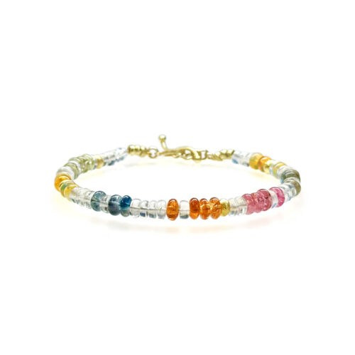 Mixed rondel beaded bracelet with Ethiopian opals, 22.41 cttw, and a mix of moonstone, tourmaline, and labradorite rondels, and 4 gold beads. Bracelet is 7.25" long with a small toggle clasp. 