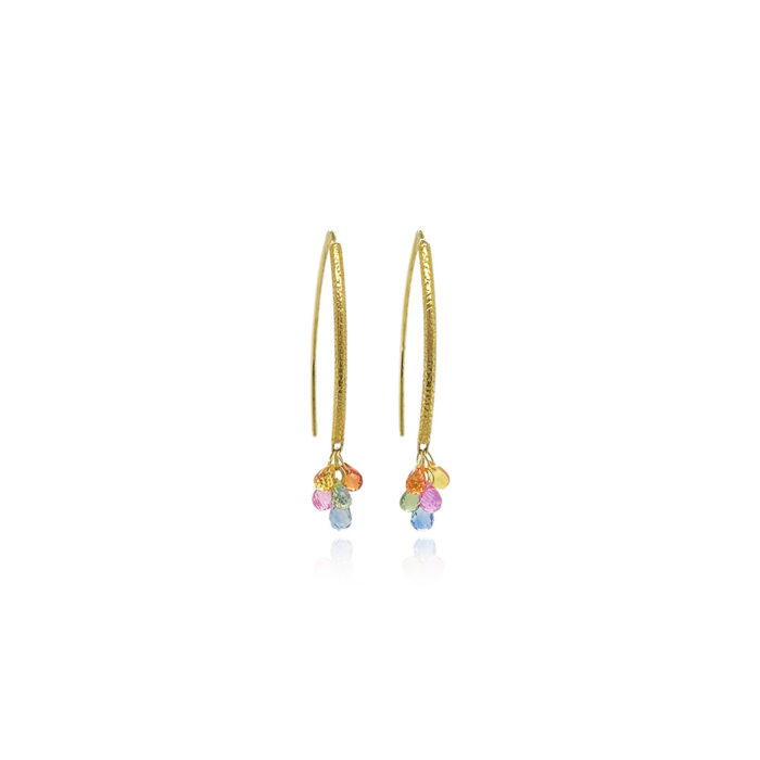Navette earrings in 18k yellow gold with 10 multi-colored sapphire briolette drops, 2.54 cttw. Earrings are 1.4" L (38 mm).
