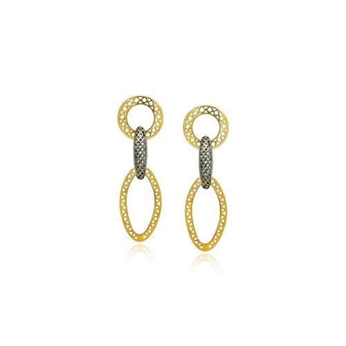 18k yellow gold and oxidized sterling silver triple link Crownwork drop earrings, on posts. Earrings are 1 3/4" long x 5/8" wide (45 x 16 mm). 