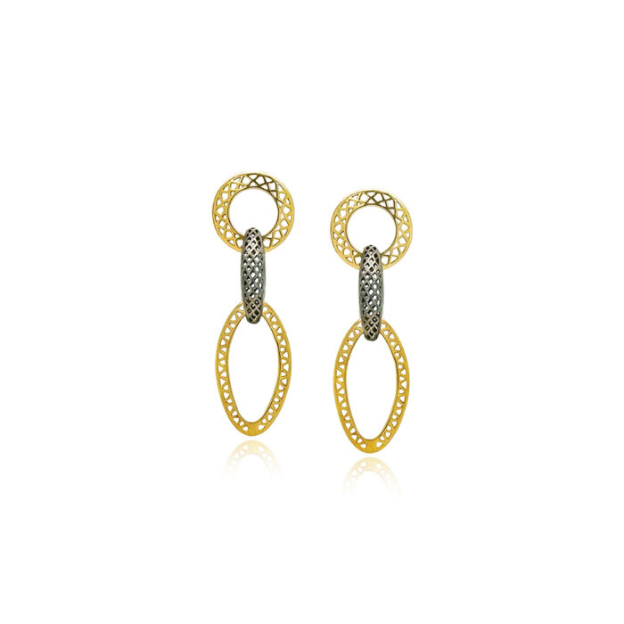 18k yellow gold and oxidized sterling silver triple link Crownwork drop earrings, on posts. Earrings are 1 3/4" long x 5/8" wide (45 x 16 mm). 