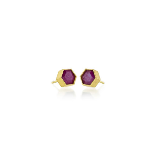 Hexagonal ruby earrings, 3.62 cttw, bezel set in 18k yellow gold with post backs. Earrings are 5/16" in diameter (7mm).
