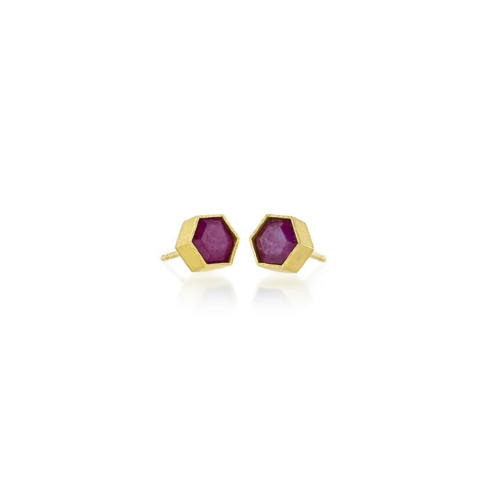 Hexagonal ruby earrings, 3.62 cttw, bezel set in 18k yellow gold with post backs. Earrings are 5/16" in diameter (7mm).