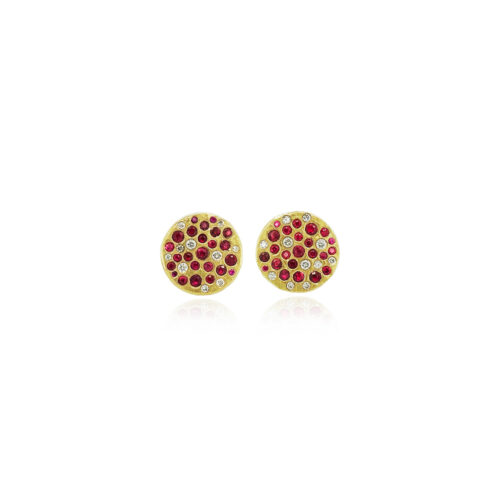 "Silk" textured disc earrings with flush-set diamonds and rubies set in 18k yellow gold, on posts. Earrings are 1/2" in diameter (12 mm).