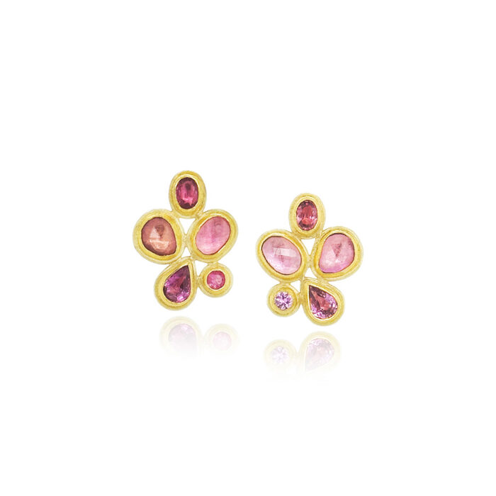 Mixed shape faceted pink sapphire earrings, 5.85 cttw, set in 22k and 18k yellow gold, on posts. Earrings are 7/8" long x 3/4" wide (22 x 18 mm).