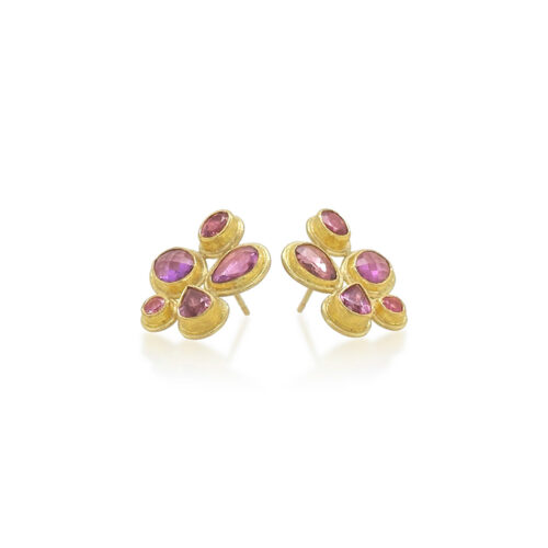 Mixed shape faceted pink sapphire earrings, 5.85 cttw, set in 22k and 18k yellow gold, on posts. Earrings are 7/8" long x 3/4" wide (22 x 18 mm).