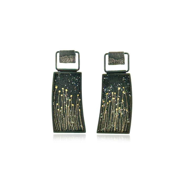 "Wild Flower" hinged drop framed earrings in oxidized sterling silver with hand fabricated mesh in silver and 24k yellow gold, posts. Earrings are 1 5/8" long x 5/8" wide (42 x 17mm).