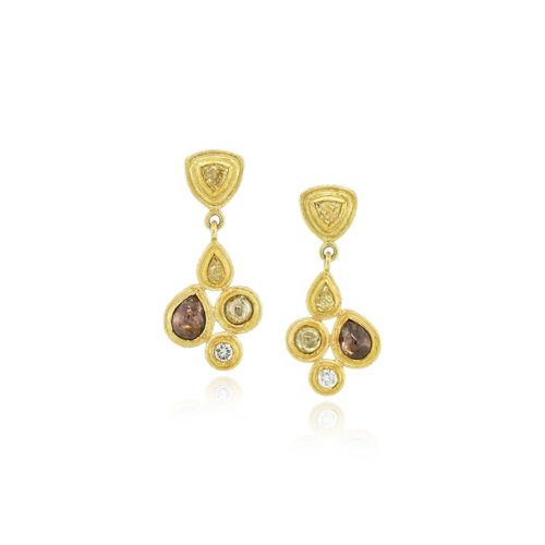 Brown, grey and white diamonds, 2.74 cttw, in mixed shapes set in 22k and 18k yellow gold, on posts. Earrings are 1 3/16" long x 9/16" wide (30 x 14 mm). 