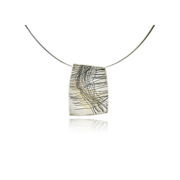 Medium modified square pendant in sterling silver with hand fabricated oxidized silver mesh and a weave of silver and 24k yellow gold, on a 7 strand stainless 18" neckwire. Pendant is 1 5/8" long x 1 1/4" wide ( 42 x 32mm).