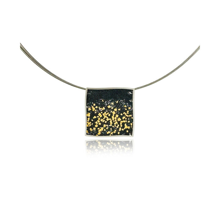 Small modified square "confetti" pendant in sterling silver with hand fabricated oxidized silver mesh and fine gold confetti, on a 18" multi-strand stainless neckwire. Pendant is 7/8" (23mm).