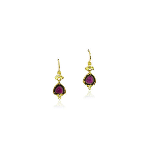 Tiny watermelon tourmaline slice drop earrings, 2.09cttw, wrapped in hammered gold bezels with trillium and diamonds, 0.02cttw. Tourmaline is 1/4" diameter (7mm), with a total length of 13/16" (with French wires).