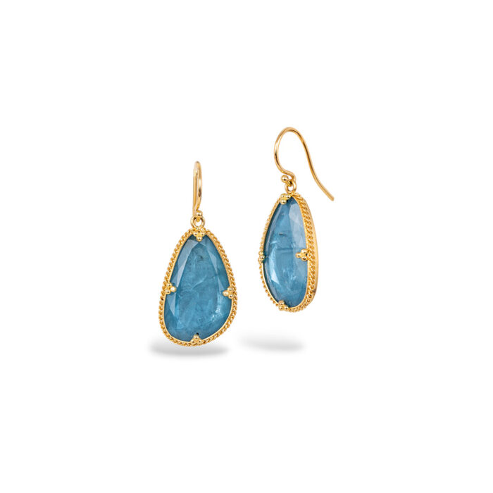 One-of-a-kind earrings with large irregular teardrop-shaped aquamarine, 11.08cts, set in 18k yellow gold granulated bezels on 18k yellow gold French wires. Earrings are 1 1/4" long x 9/16" wide (32 x 14mm).