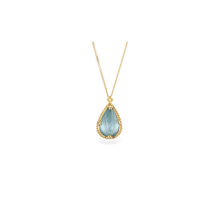 One-of-a-kind pendant with a tear drop-shaped aquamarine, 3.2cts, set in 18k yellow gold with granulation on bail. Pendant is 11/16" long x 7/16" wide (17 x 11mm) on an adjustable (16-18") 18k yellow gold chain.