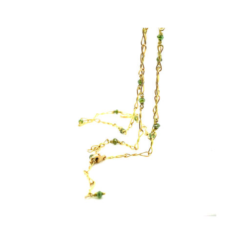 Adjustable twisted popsicle necklace in 18k yellow gold with green diamond beads and a lobster clasp. Necklace is 18" long.