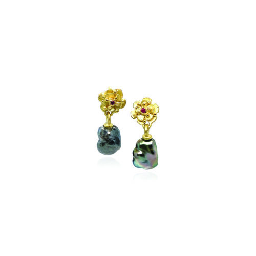 18k yellow gold flower stud earrings with center ruby, 0.02cttw, and a Keshi pearl drop. Earrings are 8mm wide x 20mm long.