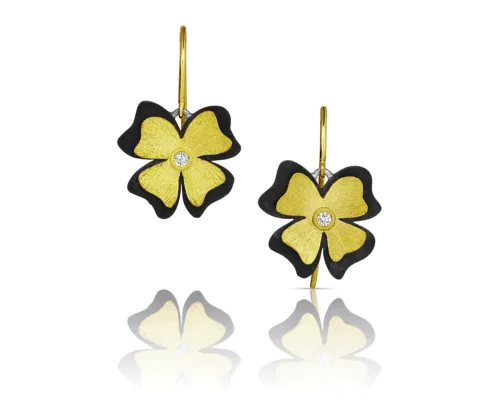 18k yellow gold and oxidized sterling silver flower earrings with diamonds, 0.04 cttw, on French wires. Earrings are 15/16" long and 5/8" wide (24 x 16 mm). 