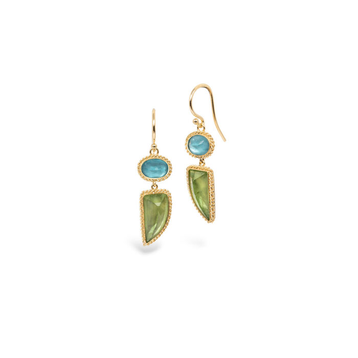 One-of-a-kind earrings with apatite, 1.49cttw, and peridot, 4.08cttw, set in double 18k yellow gold bezel drops with 18k yellow gold woven chain surround on French wires. Earrings are 1 5/16" long x 5/16" wide (33 x 8mm).