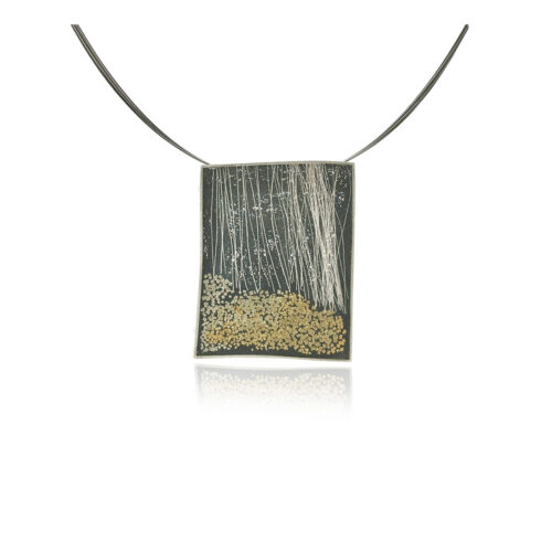 Large square brooch in sterling silver with hand fabricated oxidized silver mesh, gold and fine silver wire "forest" on a 12 strand gold plated and stainless 18" neckwire. Brooch is 2 1/4" long x 1 5/8" wide (5.7cm x 42mm).