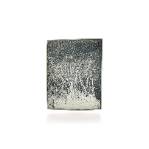 Large square brooch in sterling silver with hand fabricated oxidized silver mesh and silver wirework. Brooch is 2 1/4" long x 1 5/8" wide (5.7cm x 42mm). Chain not included.