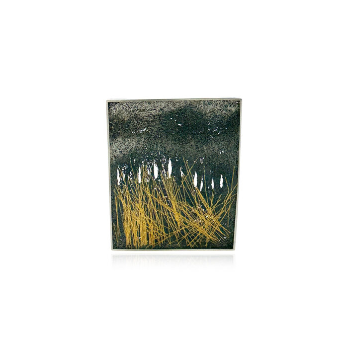 Large square brooch in sterling silver with hand fabricated oxidized silver mesh with gold wire "grasses". Brooch is 2 1/4" long x 1 113/16" wide (5.7cm x 46mm). Chain not included.