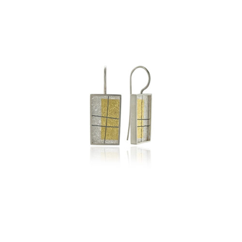 Medium drop frame earrings in sterling silver with hand fabricated oxidized silver mesh interior and an applied 24k gold rectangle, on stationary French wires. Earrings are 1 5/16" long x 1/2" wide (33 x 13mm).
