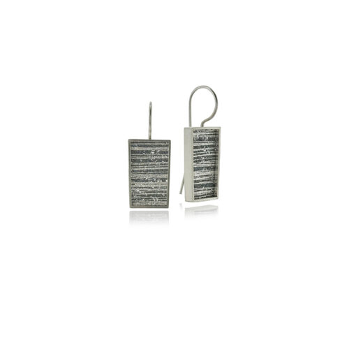 Medium drop frame earrings in sterling silver with hand fabricated oxidized silver mesh interior, on stationary French wires. Earrings are 1 5/16" long x 3/8" wide (33 x 10mm).