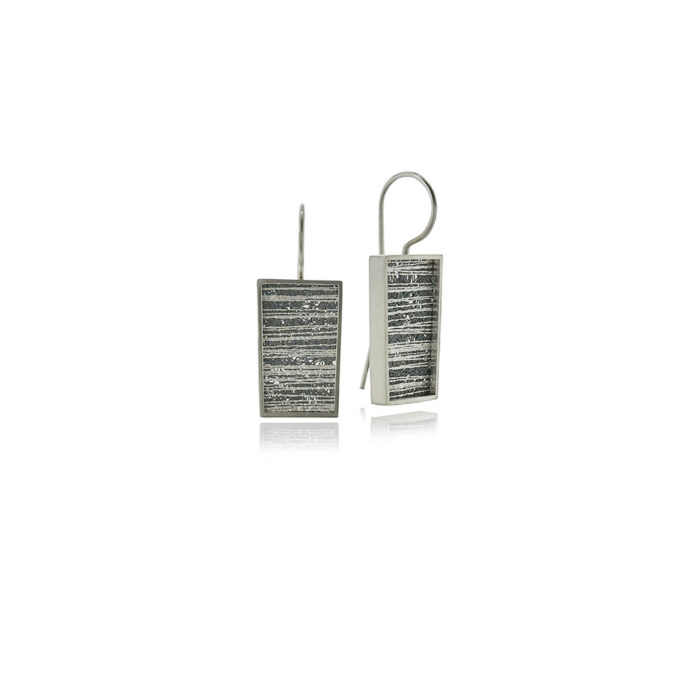 Medium drop frame earrings in sterling silver with hand fabricated oxidized silver mesh interior, on stationary French wires. Earrings are 1 5/16" long x 3/8" wide (33 x 10mm).