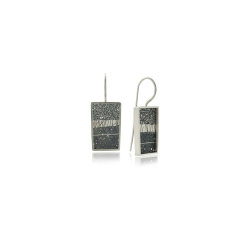 Medium drop frame earrings in sterling silver with hand fabricated oxidized silver mesh interior and an applied fine silver detail on stationary French wires. Earrings are 1 5/16" long x 1/2" wide (33 x 13mm).