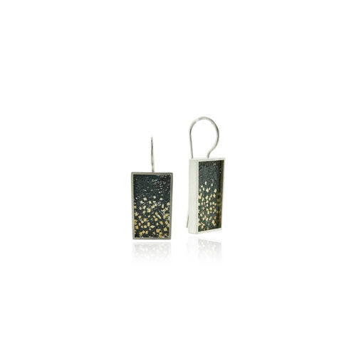 Medium drop fame earrings in sterling silver with hand fabricated oxidized silver mesh "confetti" in 3 shades of gold on stationary French wires. Earrings are 1 5/16" long x 3/8" wide (33 x 13mm).