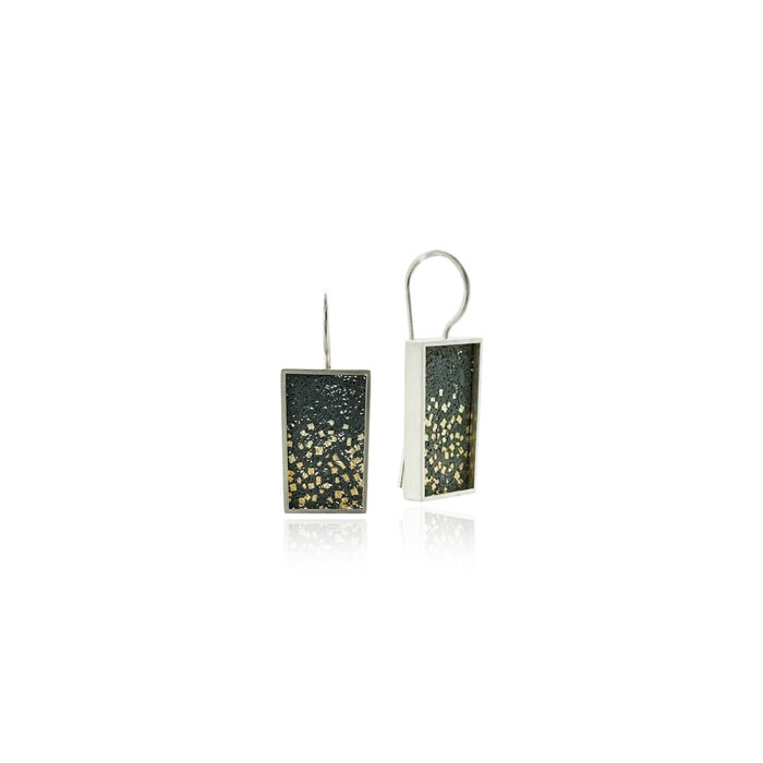 Medium drop fame earrings in sterling silver with hand fabricated oxidized silver mesh "confetti" in 3 shades of gold on stationary French wires. Earrings are 1 5/16" long x 3/8" wide (33 x 13mm).