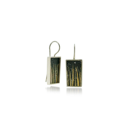 Medium drop frame earrings in sterling silver with hand fabricated oxidized silver mesh "blades of grass" in 3 shades of gold, on stationary French wires. Earrings are 1 1/4" long x 1/2" wide (32 x 12mm).