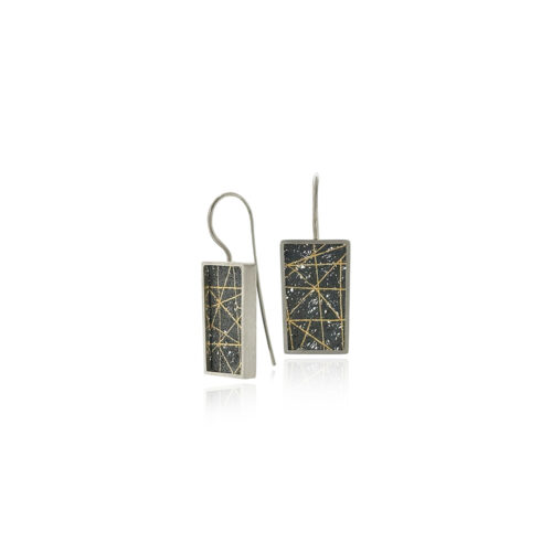 Medium drop frame earrings in sterling silver with hand fabricated oxidized silver mesh and applied 24k yellow gold lines, on stationary French wires. Earrings are 1 5/16" long x 1/2" wide (33 x 13mm).
