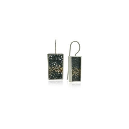 Medium drop frame earrings in sterling silver with hand fabricated oxidized silver mesh and gold line accents, arranged in a random pattern, on stationary French wires. Earrings are 1 5/16" long x 1/2" wide (33 x 12mm).