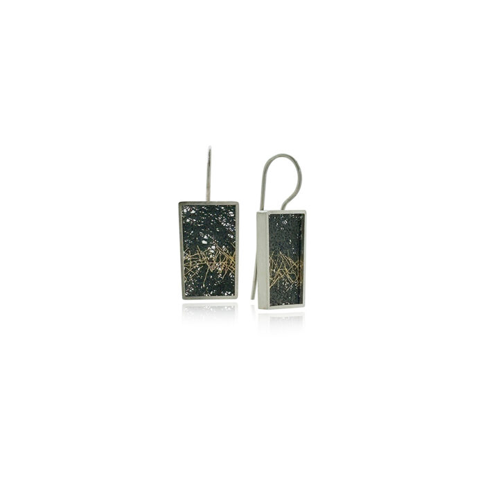 Medium drop frame earrings in sterling silver with hand fabricated oxidized silver mesh and gold line accents, arranged in a random pattern, on stationary French wires. Earrings are 1 5/16" long x 1/2" wide (33 x 12mm).