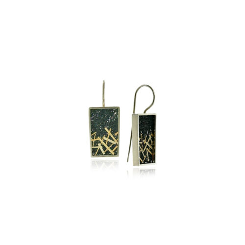 Medium drop frame earrings in sterling silver with hand fabricated oxidized silver mesh and random linear accents in 3 shades of gold, on stationary French wires. Earrings are 1 5/16" long x 1/2" wide (33 x 12mm).