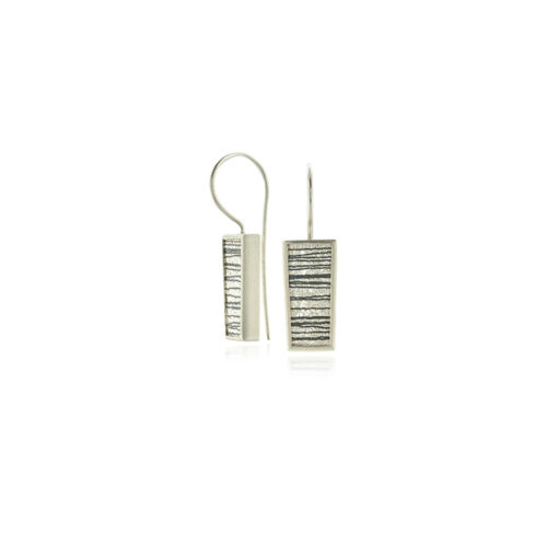 Tapered medium drop frame earrings in sterling silver with hand fabricated oxidized silver mesh and horizontal silver accents, on stationary french wires. Earrings are 1 5/16" long x 5/16" wide (33 x 8mm).