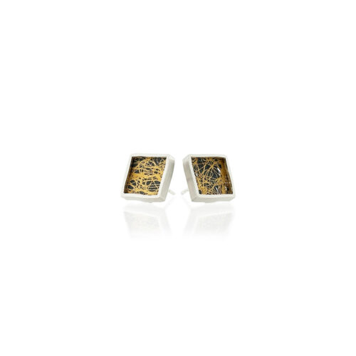 Small framed square studs in sterling silver and 24k yellow gold with hand fabricated oxidized silver mesh. Earrings are 7/16" (12mm).
