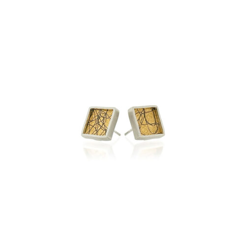 Small framed square studs in sterling silver with hand fabricated 24k yellow gold foil mesh backing and oxidized silver accents. Earrings are 7/16" ( 12mm).