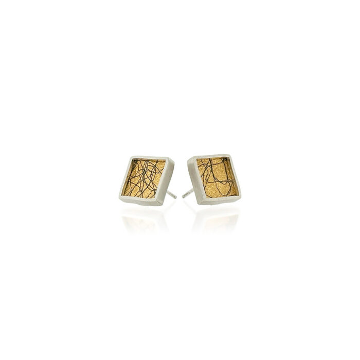 Small framed square studs in sterling silver with hand fabricated 24k yellow gold foil mesh backing and oxidized silver accents. Earrings are 7/16" ( 12mm).